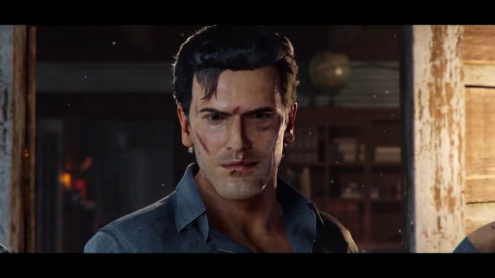 Capture d'écran de la bande-annonce de l'annonce d'Evil Dead: The Game.  Montrez le visage d'Ash Williams.