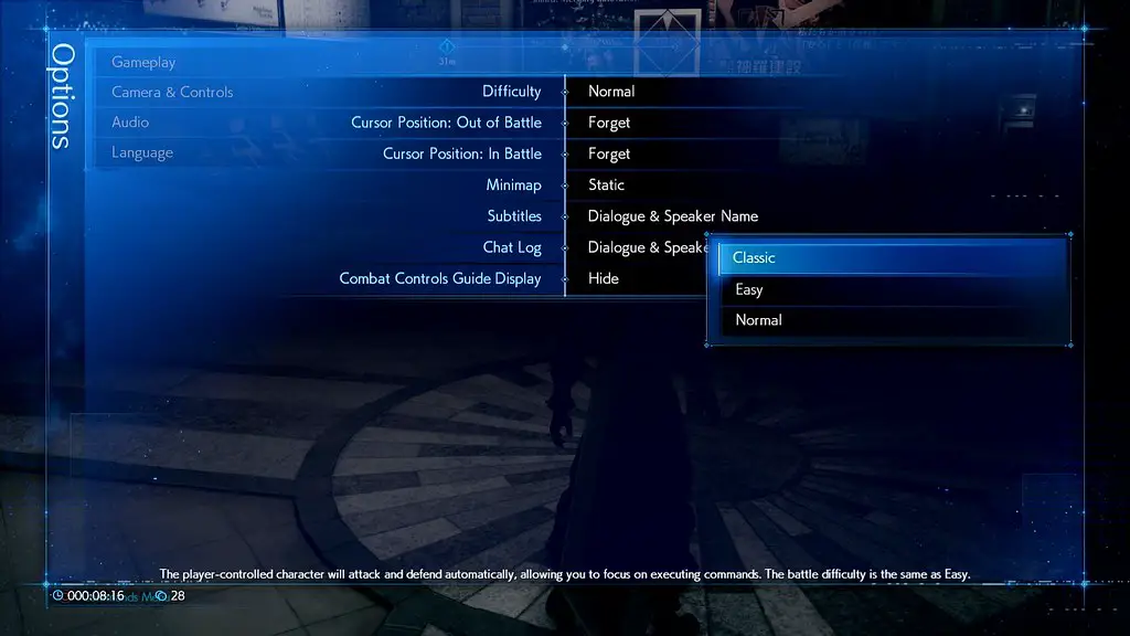 Menu in modalità classica di Final Fantasy VII Remake