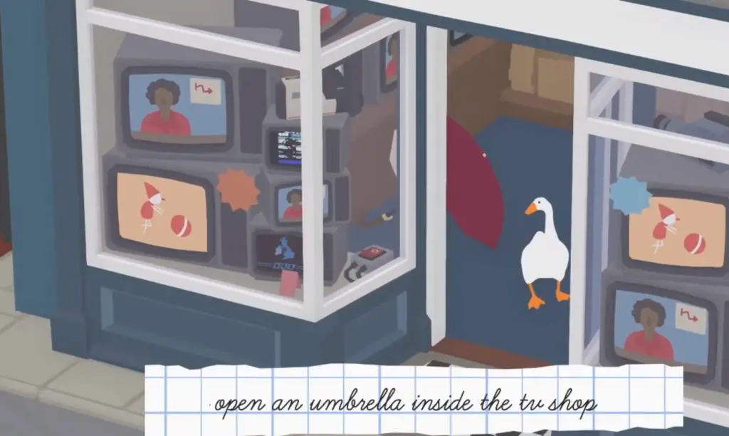 Come aprire l'ombrello all'interno del negozio TV in Untitled Goose Game