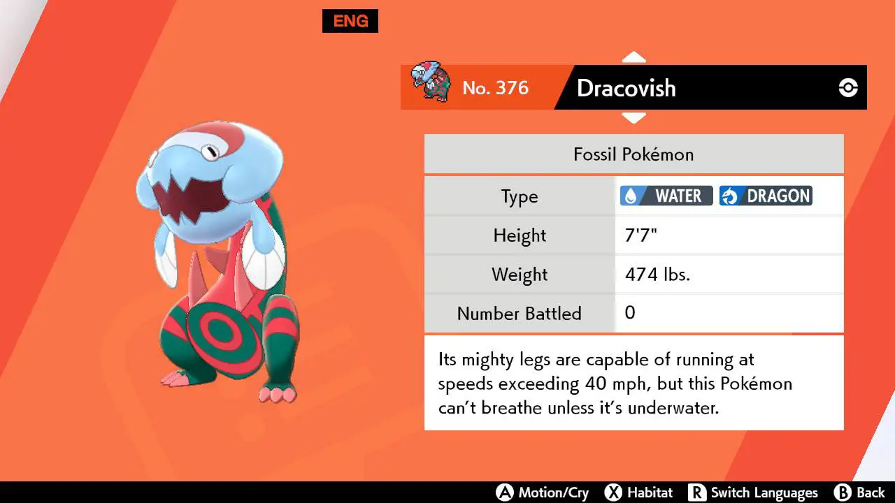 Dracovish davanti a uno schermo arancione con un'entrata pokedex sulla destra