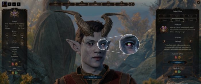 Un personaggio tiefling creato in Baldur's Gate 3