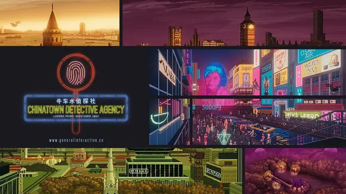 Un'immagine promozionale con le posizioni del gioco di avventura e mistero di General Interactive Chinatown Detective Agency