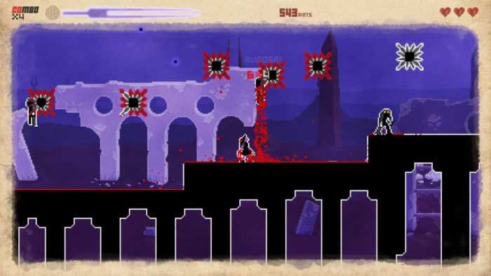 Uno screenshot da They Bleed Pixels. Il personaggio del giocatore si trova su una sottile passerella nera, circondata dalle macchie di sangue lasciate dai nemici morti.