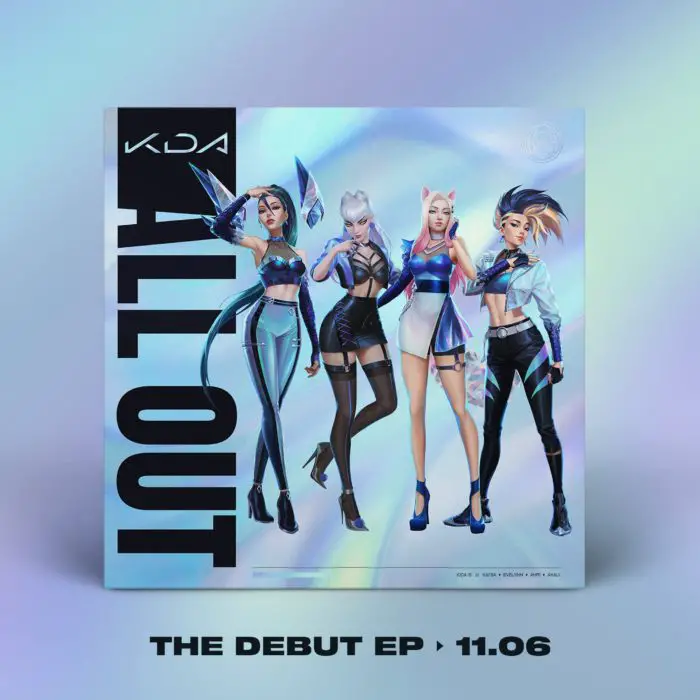 Una copertina di album mock-up di All Out EP della band pop virtuale di Riot Games, K / DA
