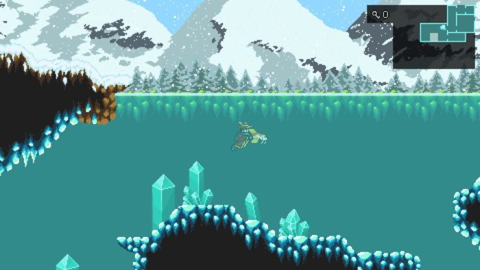 Uno screenshot da Monster Sanctuary. Il personaggio del giocatore è appeso a un mostro a forma di pesce. Entrambi sono sott'acqua.