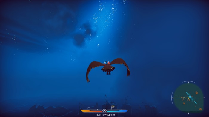 Lo screenshot di Falconeer di volare in una notte stellata.