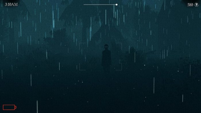 Uno screenshot da Apparition che mostra una figura oscura in piedi in lontananza. La pioggia oscura i dettagli. Gli occhi della figura brillano.
