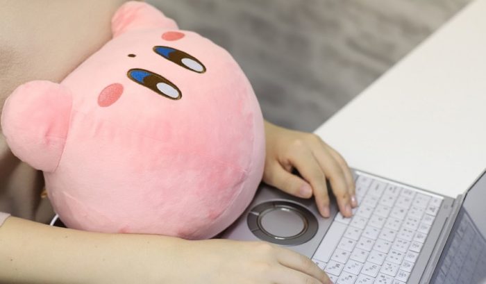 Il caldo peluche Kirby viene coccolato da qualcuno seduto a un laptop.