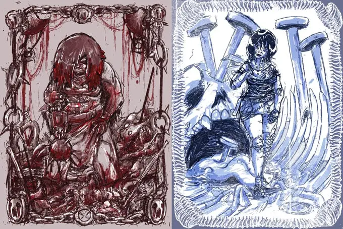 Grafica dei personaggi di Dungeon Bitches per l'Amazzonia e la bambola cadavere