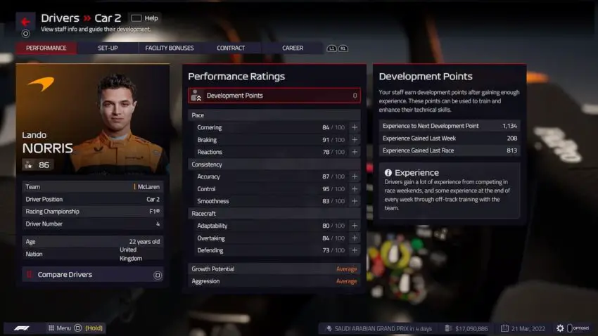 uno screenshot di F1 Manager 2022 che mostra le statistiche del pilota Lando Norris.