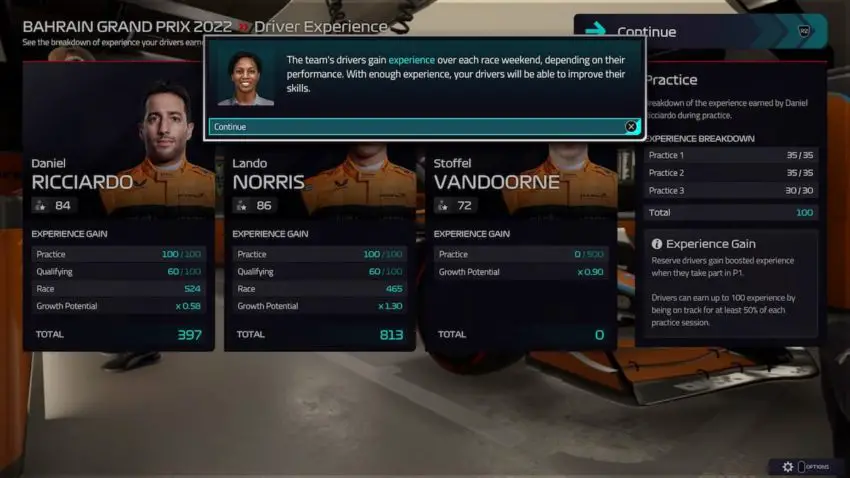 uno screenshot di F1 Manager 2022 che analizza l'XP del pilota dopo una gara. Il pilota Daniel Riccardo ne ha guadagnati 397 mentre il pilota Lando Norris ne ha guadagnati 813.