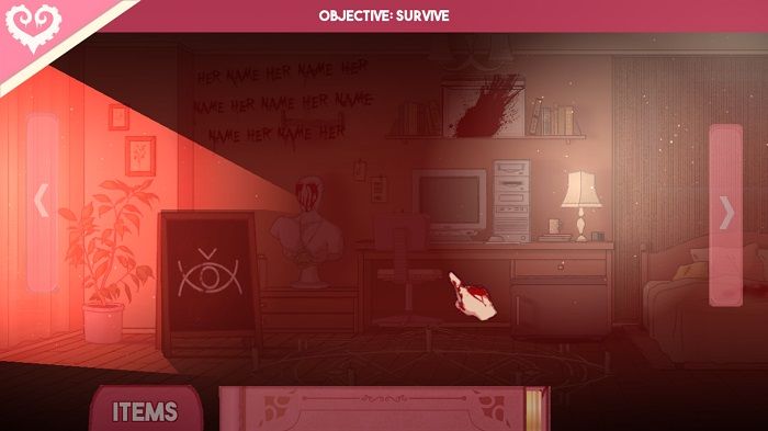 Sucker for Love: vetrina del primo appuntamento di una minacciosa stanza sanguinante.  Nella parte superiore dello schermo si legge "Obiettivo: Sopravvivere".