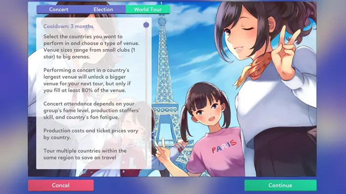 Schermata del menu che illustra le opzioni del concerto