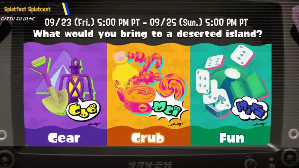 Il primo Splatfest di Splatoon 3 sarà Gear vs. Grub vs. Fun