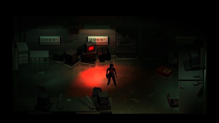 Una stanza di salvataggio rossa brillante in Signalis.