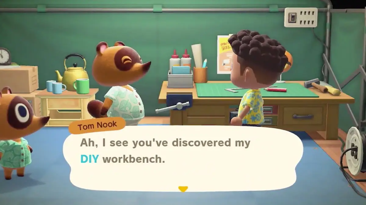 Il villico Tom Nook ti mostra il banco da lavoro fai-da-te in Animal Crossing: New Horizons