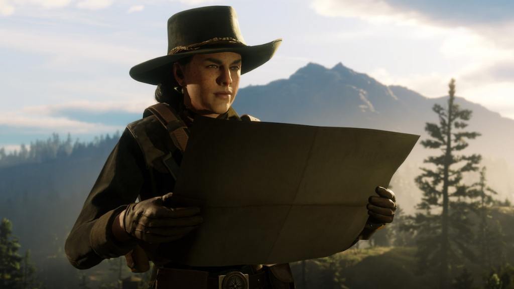 Cowgirl guardando una mappa in Red Dead Redemption online
