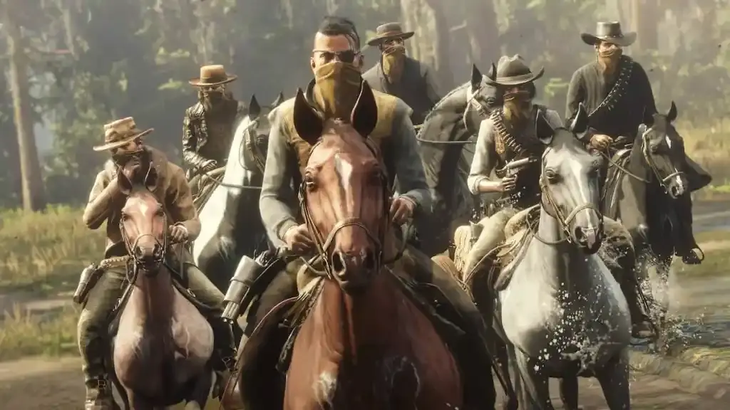 Gruppo di cowboy a cavallo in Red Dead Redemption 2