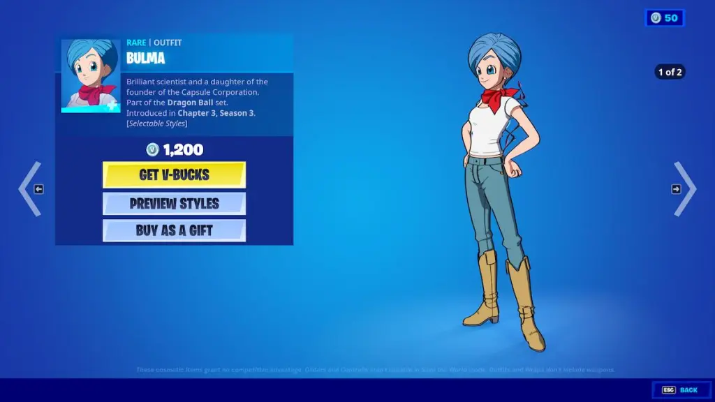 Bulma nell'Item Shop per 1.200 V-Buck