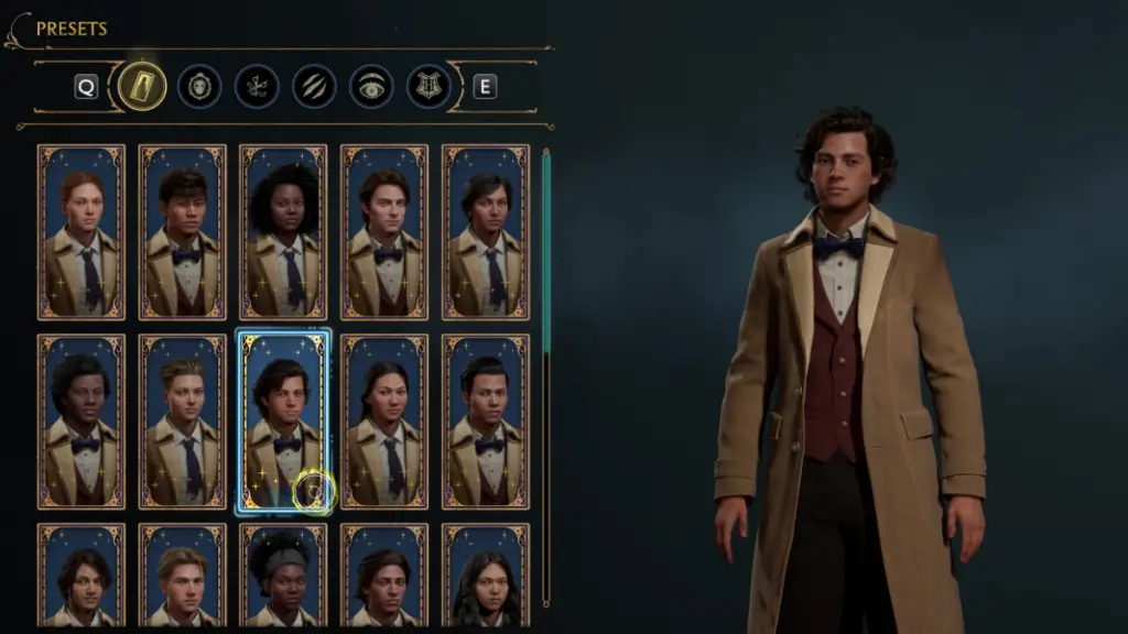 Selezione dei preset per la creazione del personaggio di Ron Weasley in Hogwarts Legacy