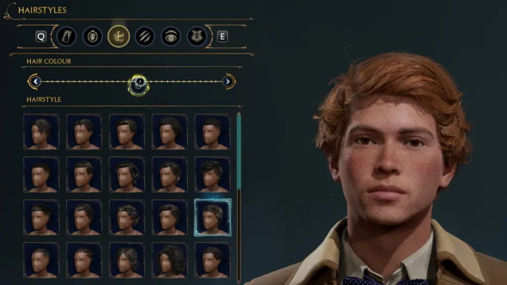 Selezione di acconciature per la creazione del personaggio di Ron Weasley in Hogwarts Legacy