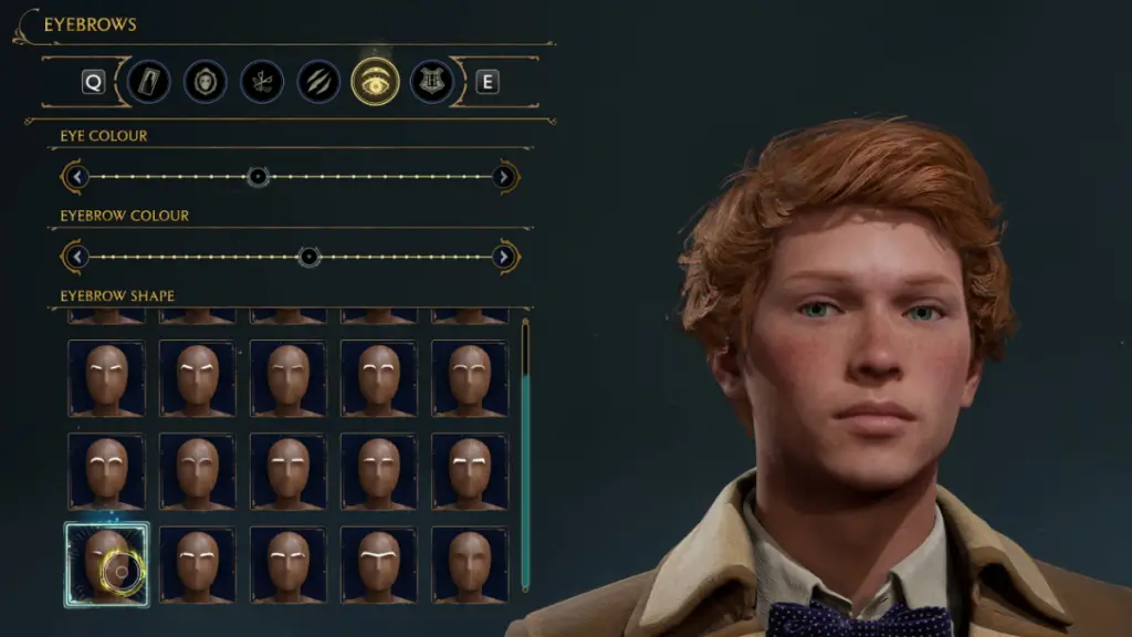 Selezione di sopracciglia per la creazione del personaggio di Ron Weasley in Hogwarts Legacy