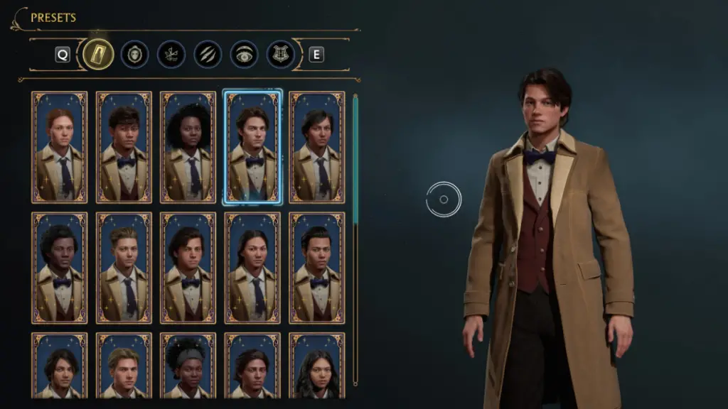 Preimpostazioni per la creazione di un personaggio di Harry Potter in Hogwarts Legacy