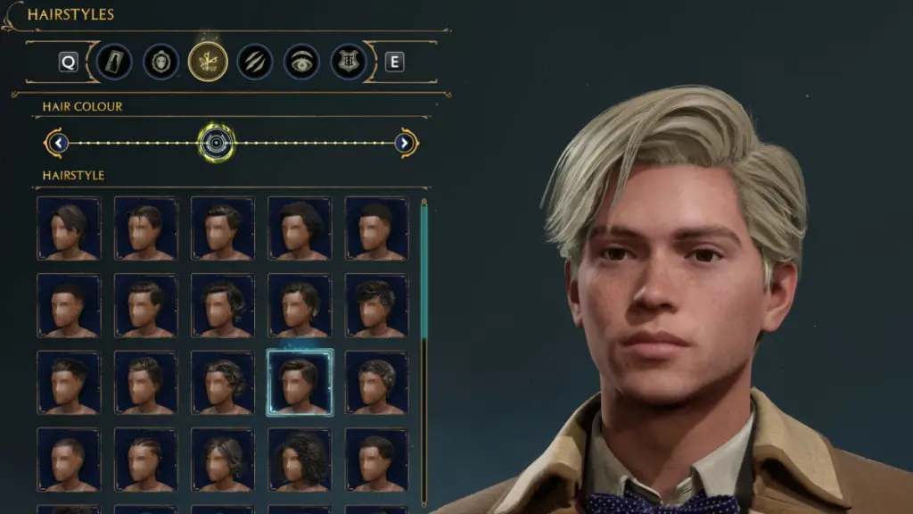 Opzioni di acconciature per Draco Malfoy Character Creator in Hogwarts Legacy