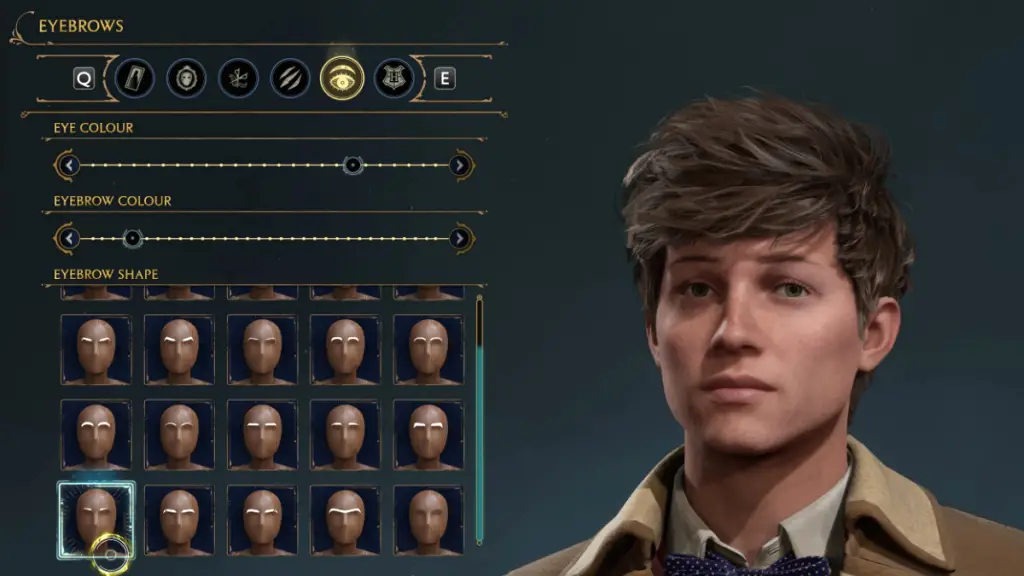 Scelte per le sopracciglia in Character Creator per Newt Scamander in Hogwarts Legacy