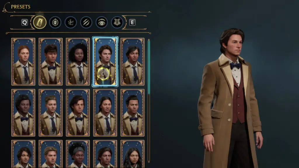 Scelta per i preset in Character Creator per Newt Scamander in Hogwarts Legacy