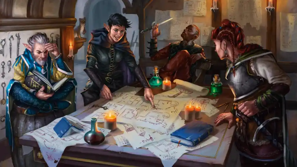 Avventurieri di Dungeons & Dragons che guardano la mappa nella grafica chiave per Keys from the Golden Vault