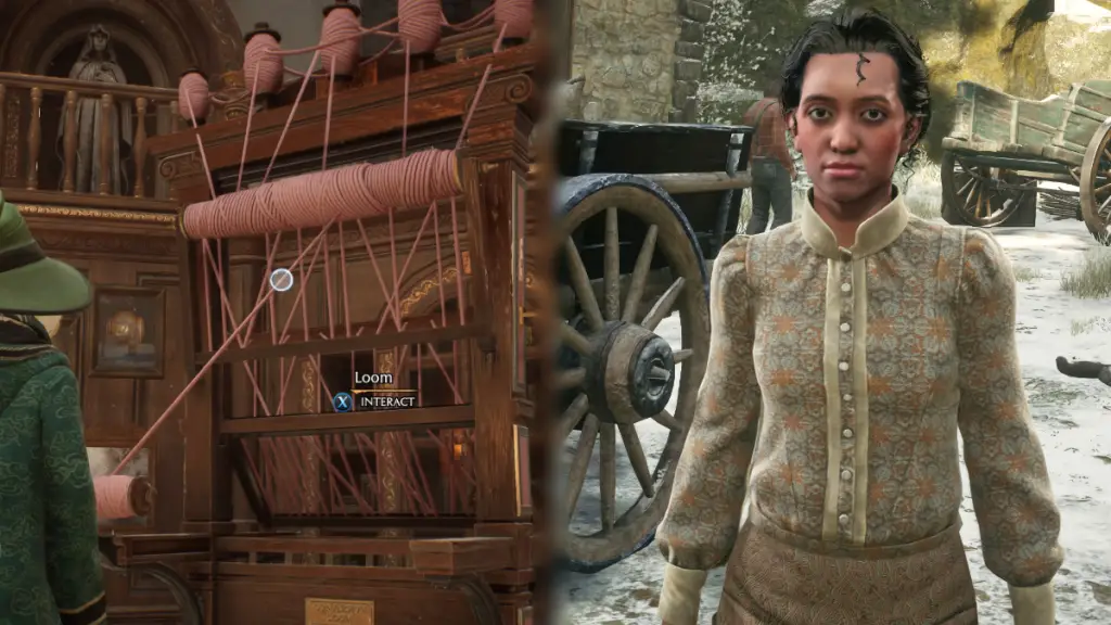 Acquisto di materiali bestiali da Indira da utilizzare al telaio in Hogwarts Legacy