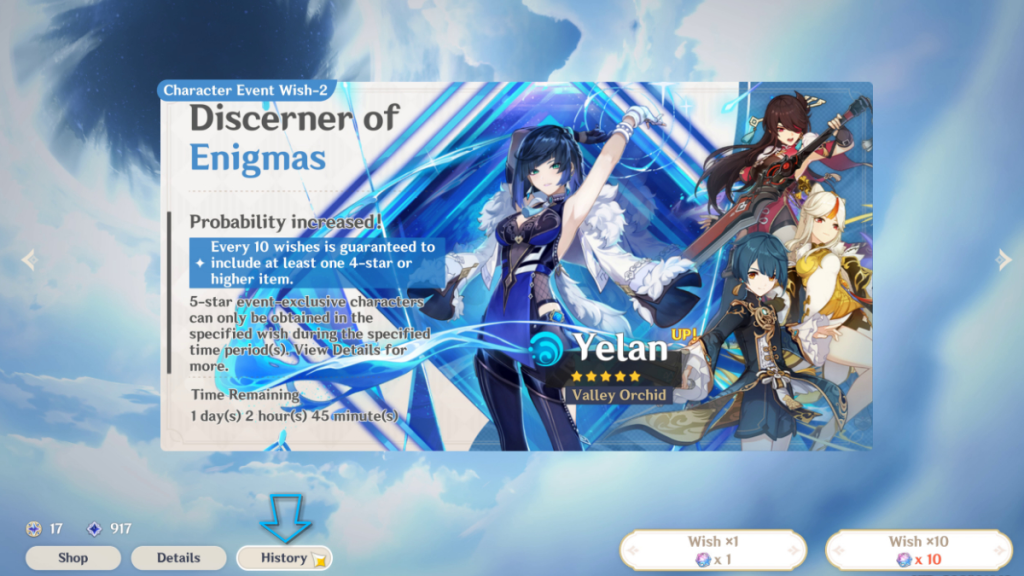 Apertura della scheda Cronologia nella schermata Banner evento personaggio di Genshin Impact