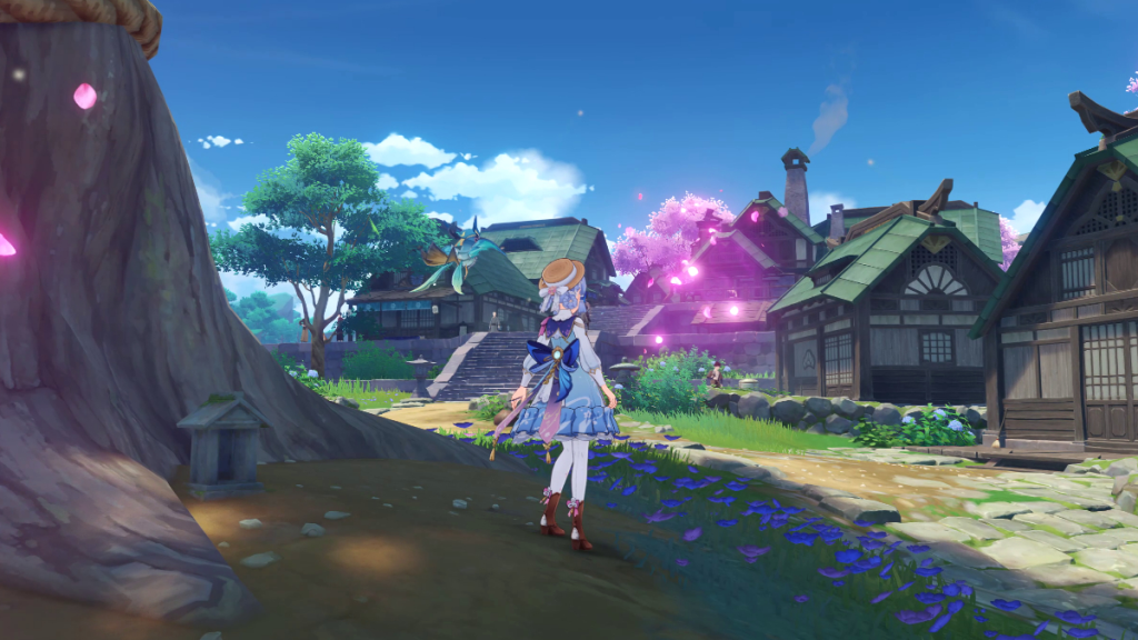 Ayaka in piedi di fronte a un nodo materiale dell'ascensione di Sakura Bloom in Genshin Impact
