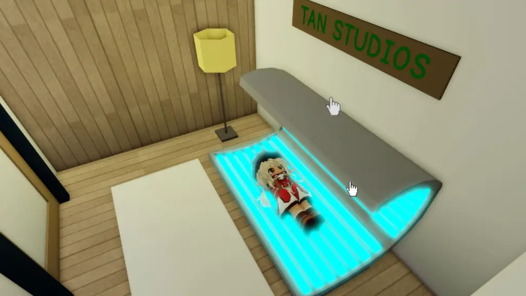 Sdraiato nella macchina abbronzante all'interno del salone di abbronzatura di Roblox Brookhaven
