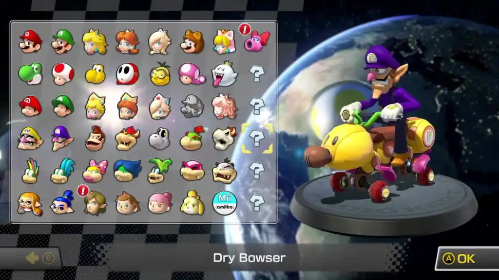 La schermata di selezione del personaggio di Mario Kart 8 Deluxe
