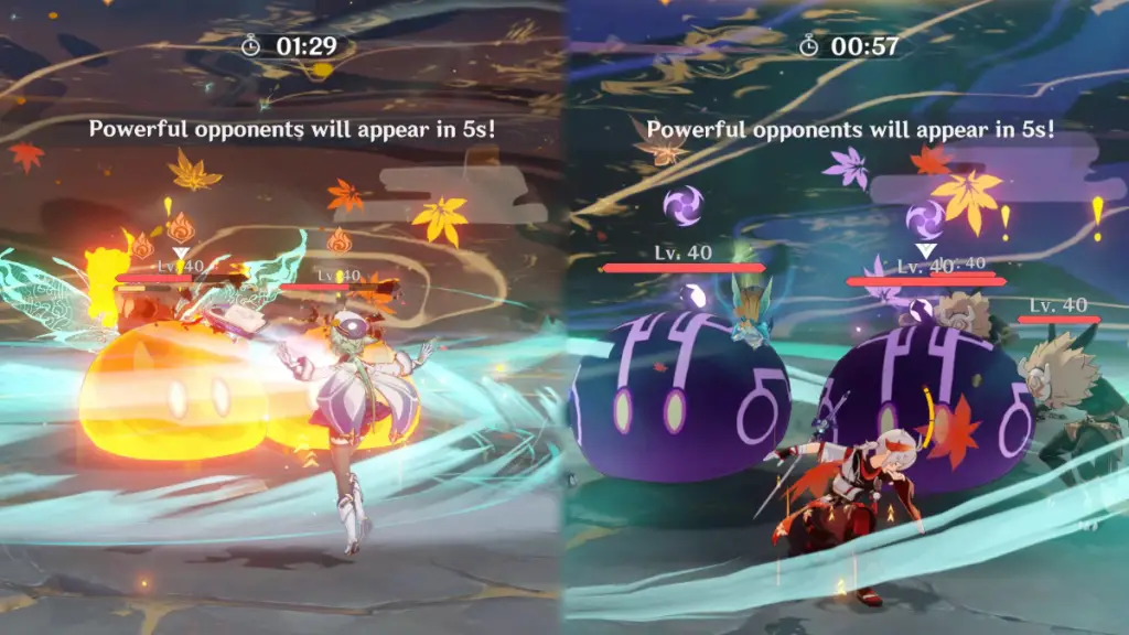 Kazuha e Sucrose che combattono in Genshin Impact Vibro-Crystal Verification Day 2