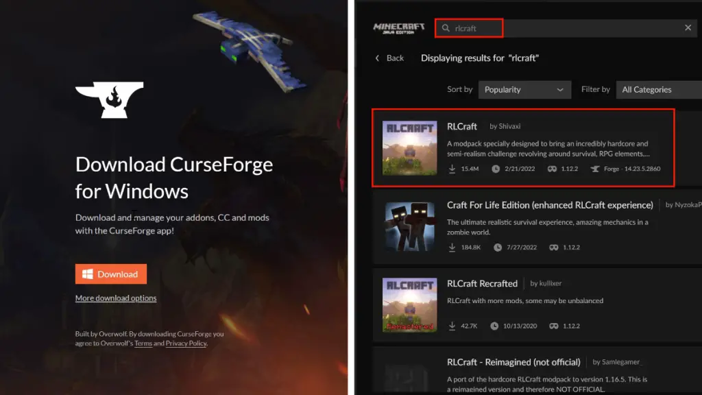 Installazione di CurseForge e RLcraft per Minecraft su PC