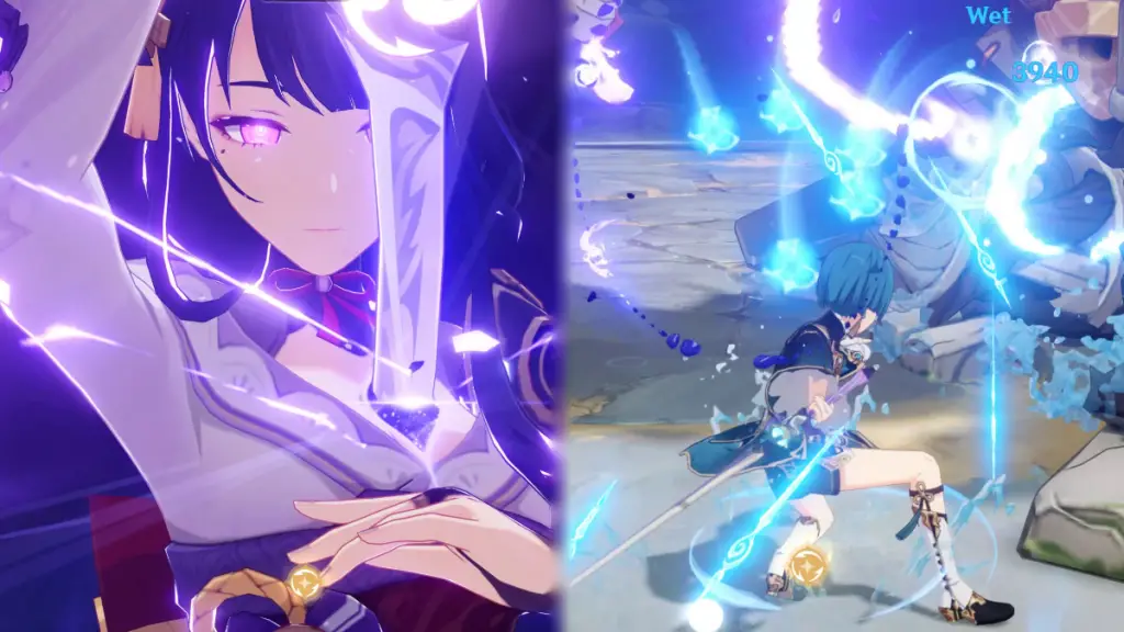 Raiden e Xingqiu combattono i nemici in Genshin Impact Vibro-Crystal Verification Day 3