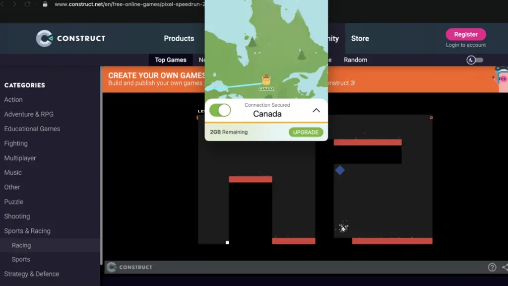 Riproduzione di Pixel Speedrun sbloccata con Tunnel Bear VPN