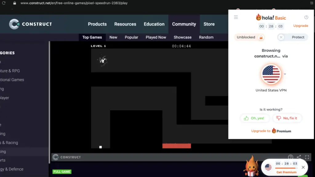 Riproduzione di Pixel Speedrun sbloccata con Hola Proxy Unblocker