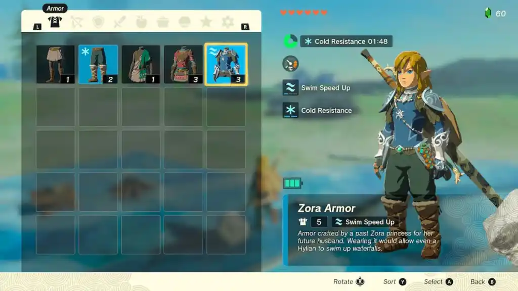 Zora Armor stats Lacrime del Regno