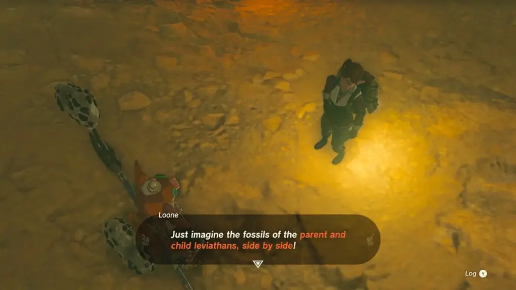 link-che-parla-a-loone-del-bambino-leviatano-fossile-nella-leggenda-di-zelda-lacrime-del-regno