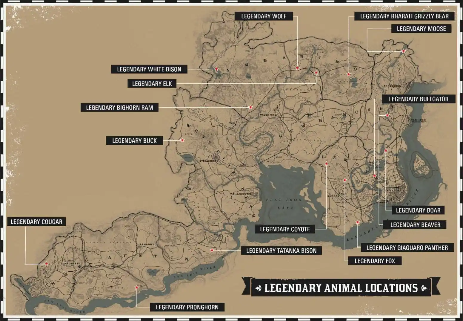 Mappa degli animali leggendari in Red Dead Redemption 2