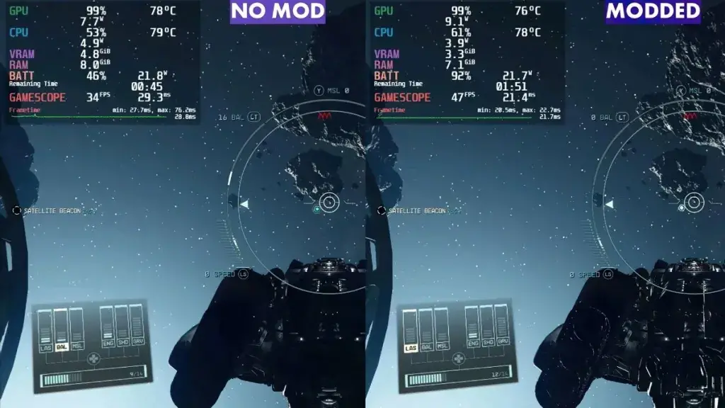 Schermata di confronto della modalità Starfield Steam Deck