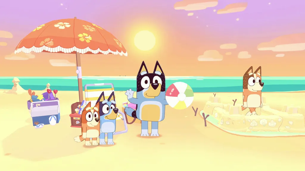 La famiglia-blueys-in-spiaggia-nel-videogioco-bluey
