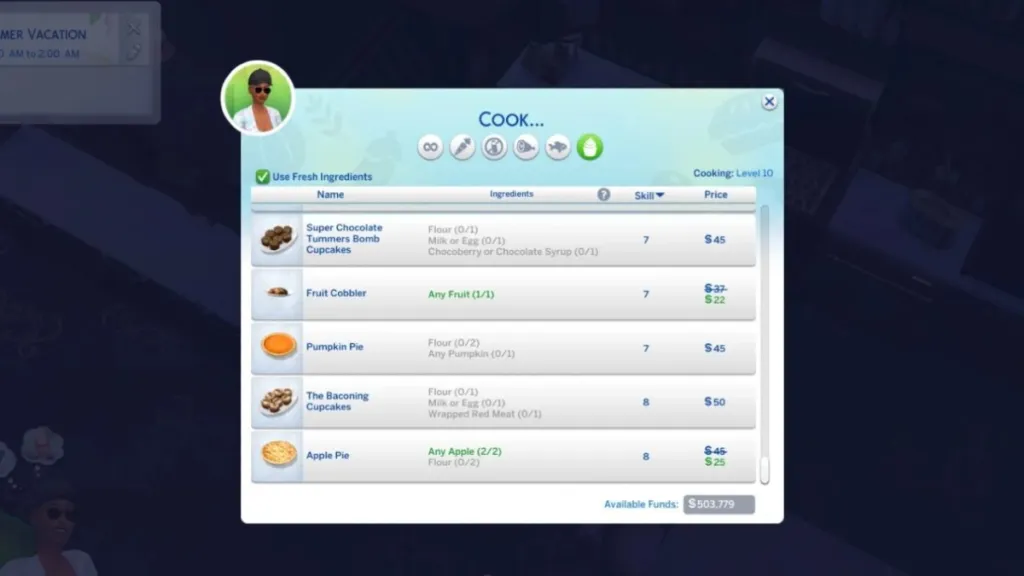 Aggiornamento del menu di cucina di Sims 4