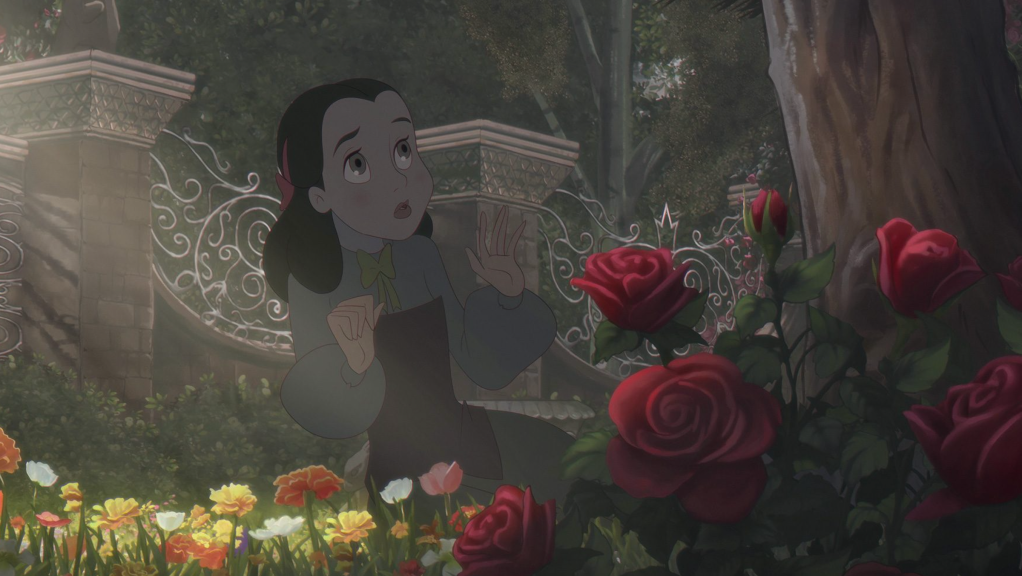 Un'immagine oscura di una giovane ragazza dai capelli scuri che sembra sorpresa in un prato di fiori.  Dietro di lei c'è una grande recinzione metallica.