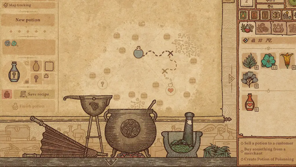 Dietro una raccolta di strumenti alchemici c'è una mappa. I menu di gioco sono visibili sui lati.