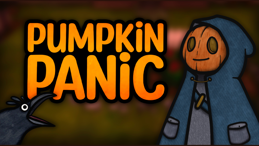 Scrivi "Pumpkin Panic" con un corvo cartone animato urlante da un lato e una persona zucca dall